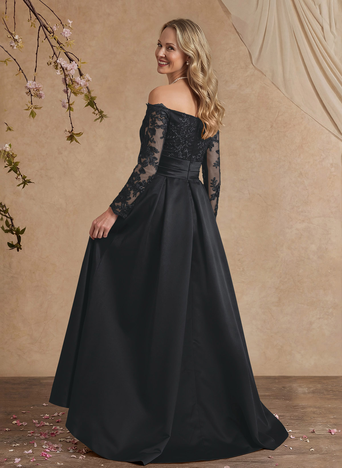 A-Line Off-The-Shoulder 3/4 Sleeves Sweep Train Lace/Satin Mother Of The Bride Dresses