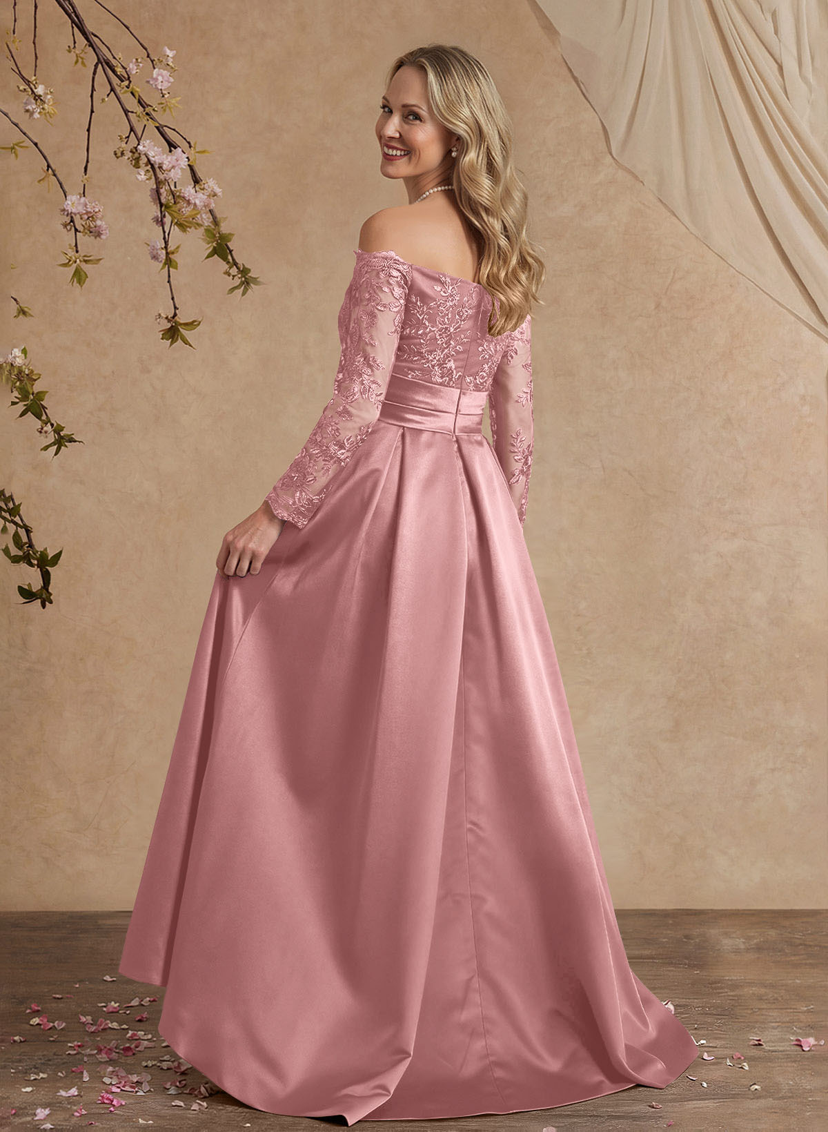 A-Line Off-The-Shoulder 3/4 Sleeves Sweep Train Lace/Satin Mother Of The Bride Dresses