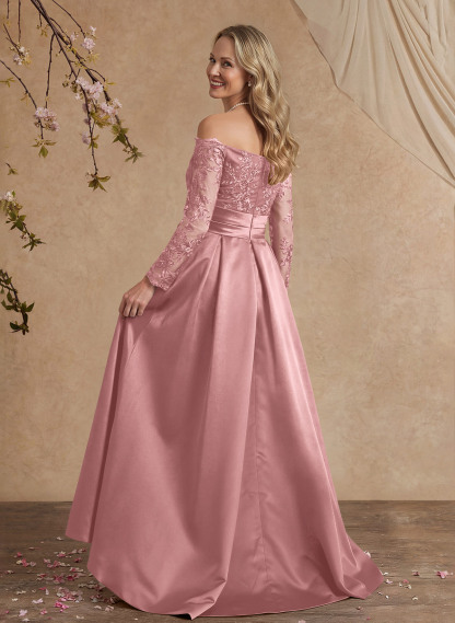 A-Line Off-The-Shoulder 3/4 Sleeves Sweep Train Lace/Satin Mother Of The Bride Dresses