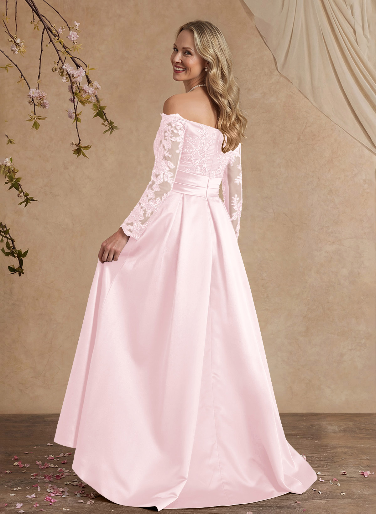 A-Line Off-The-Shoulder 3/4 Sleeves Sweep Train Lace/Satin Mother Of The Bride Dresses