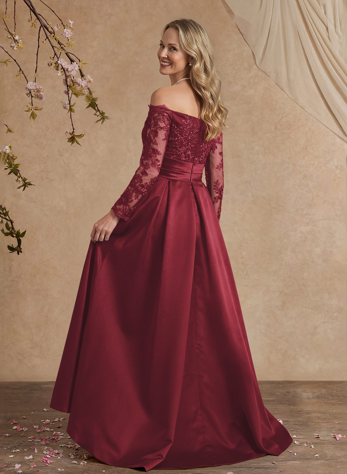A-Line Off-The-Shoulder 3/4 Sleeves Sweep Train Lace/Satin Mother Of The Bride Dresses