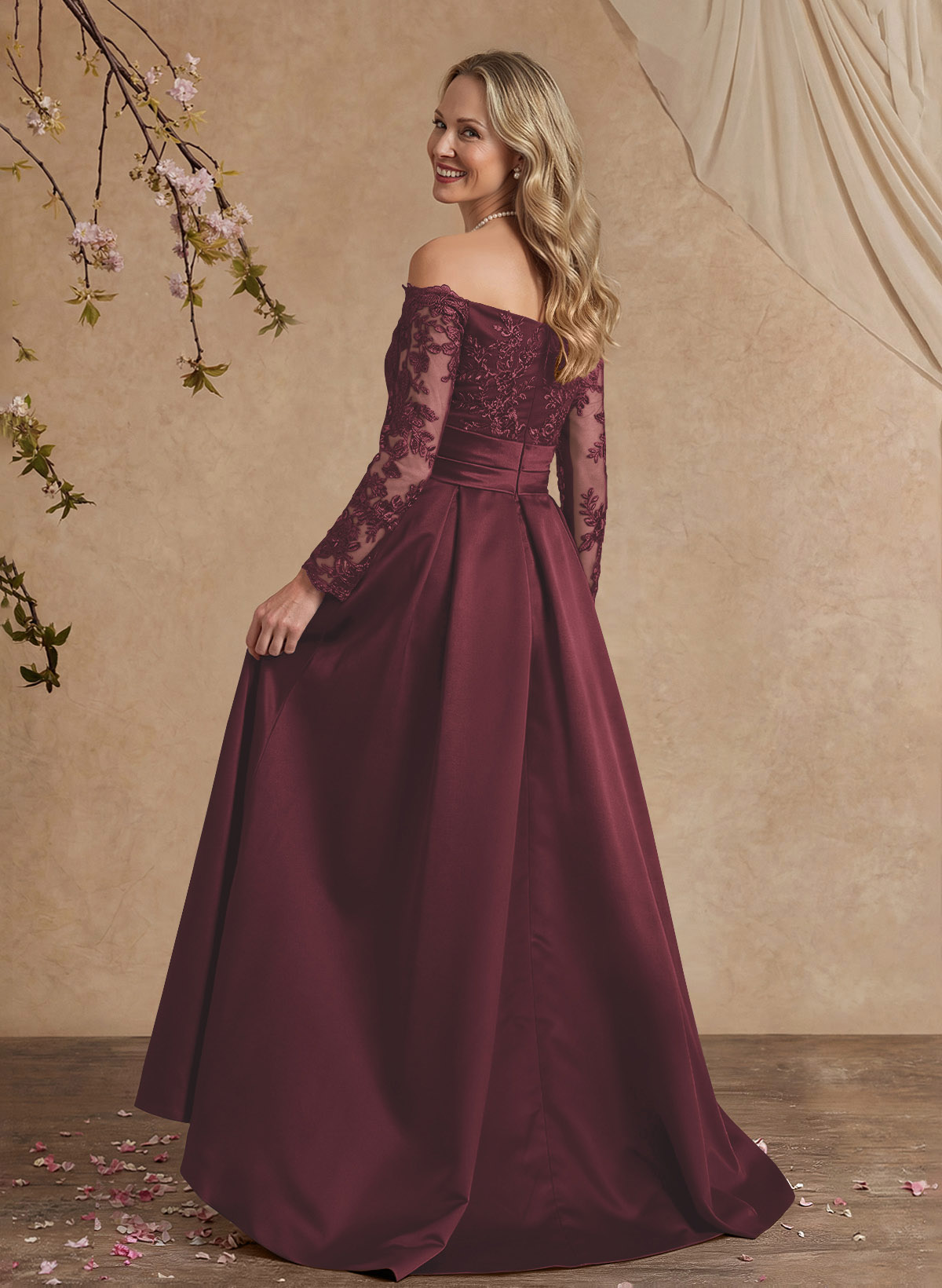 A-Line Off-The-Shoulder 3/4 Sleeves Sweep Train Lace/Satin Mother Of The Bride Dresses