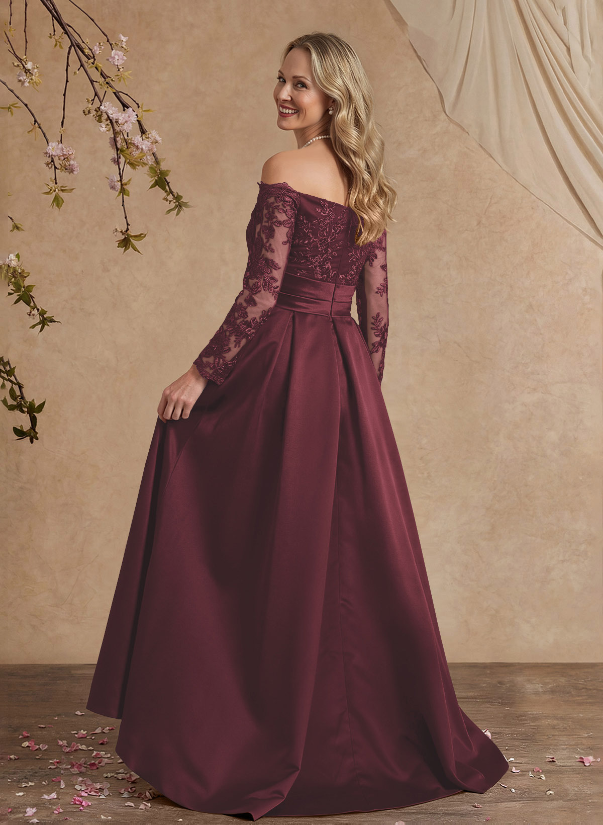 A-Line Off-The-Shoulder 3/4 Sleeves Sweep Train Lace/Satin Mother Of The Bride Dresses