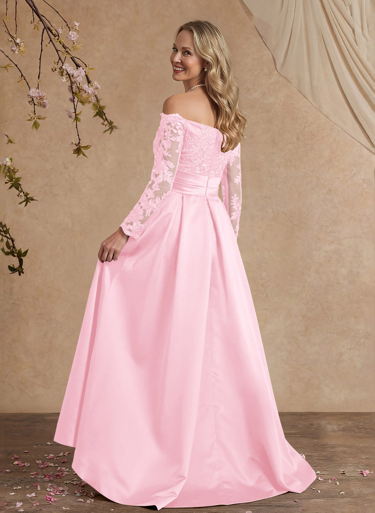 A-Line Off-The-Shoulder 3/4 Sleeves Sweep Train Lace/Satin Mother Of The Bride Dresses