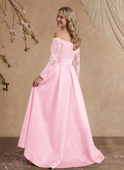 A-Line Off-The-Shoulder 3/4 Sleeves Sweep Train Lace/Satin Mother Of The Bride Dresses