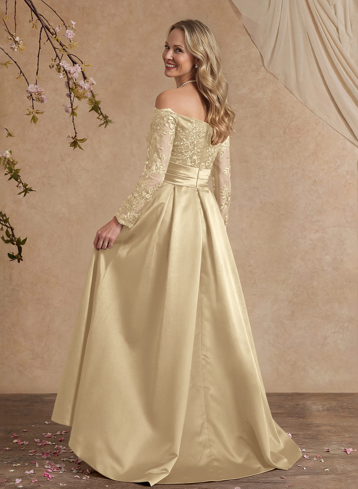 A-Line Off-The-Shoulder 3/4 Sleeves Sweep Train Lace/Satin Mother Of The Bride Dresses