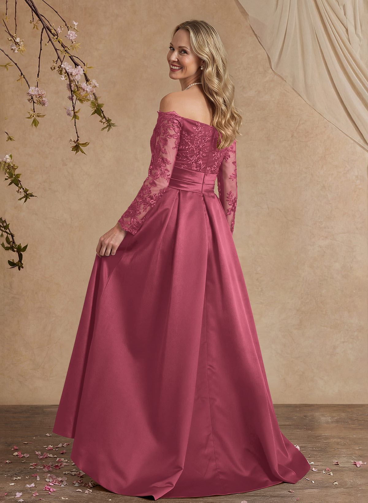 A-Line Off-The-Shoulder 3/4 Sleeves Sweep Train Lace/Satin Mother Of The Bride Dresses
