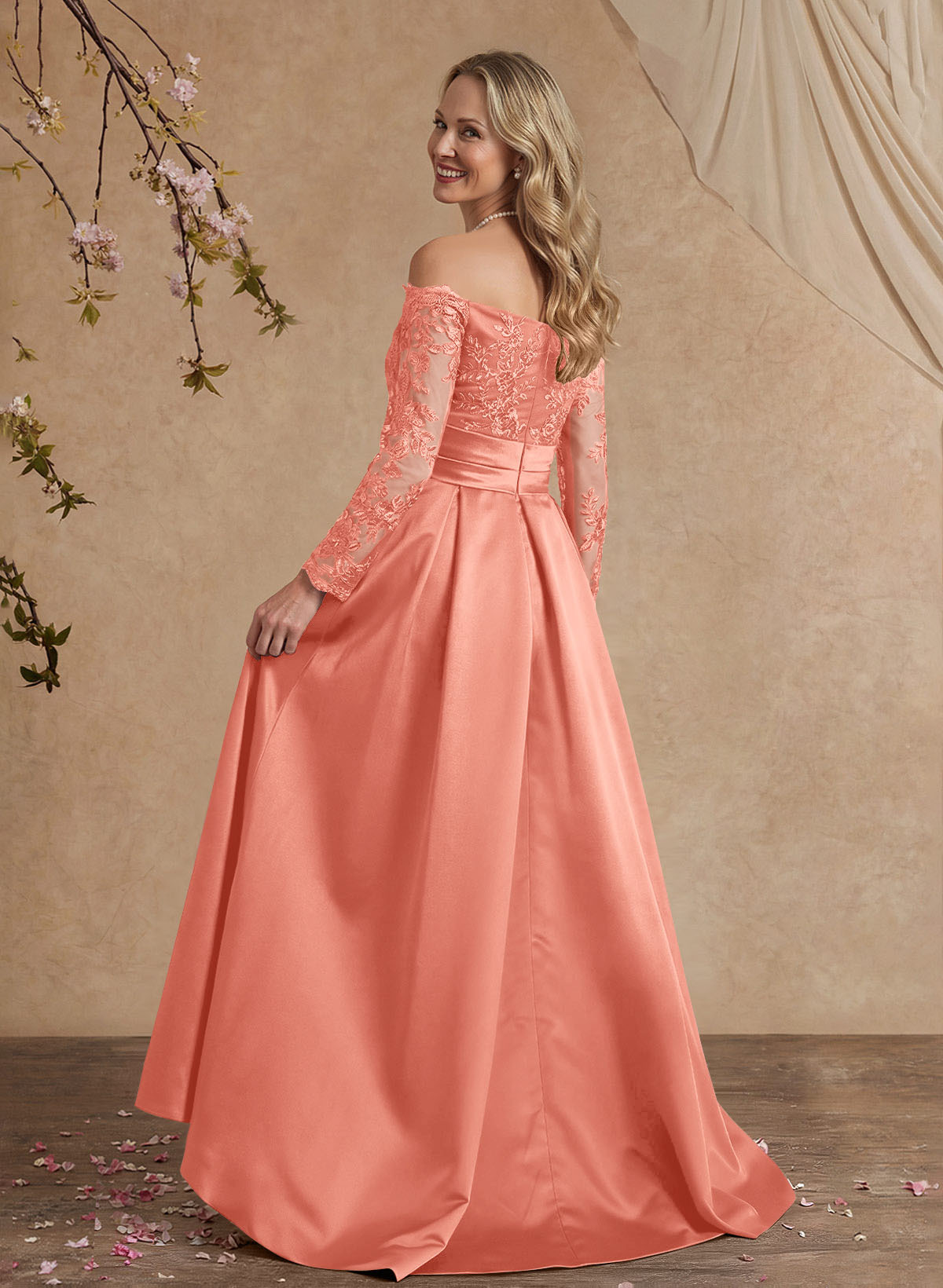 A-Line Off-The-Shoulder 3/4 Sleeves Sweep Train Lace/Satin Mother Of The Bride Dresses