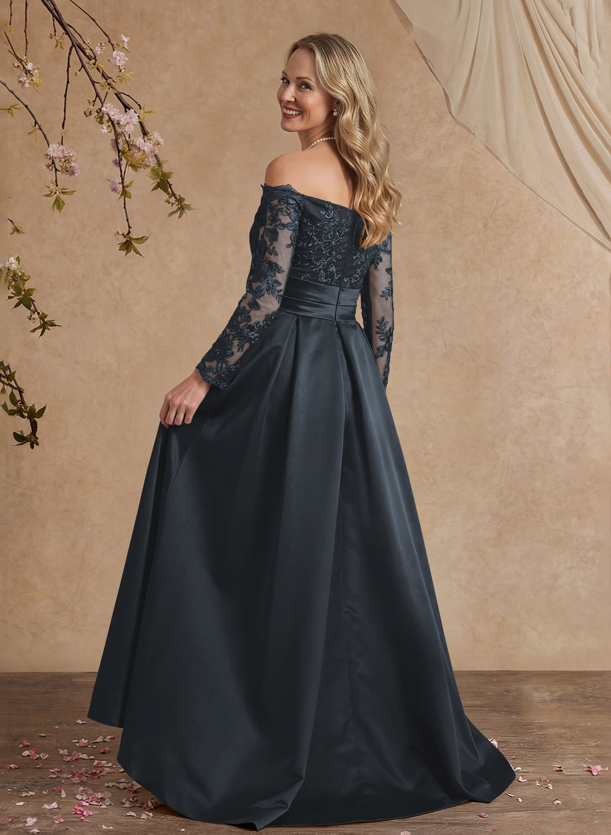 A-Line Off-The-Shoulder 3/4 Sleeves Sweep Train Lace/Satin Mother Of The Bride Dresses