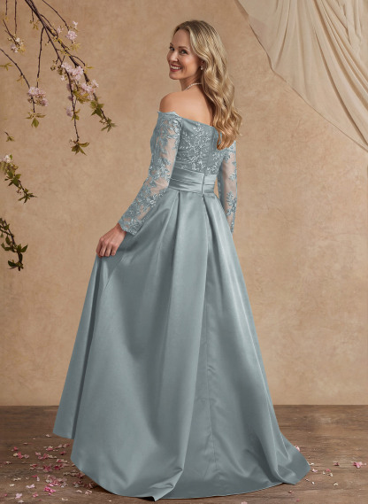 A-Line Off-The-Shoulder 3/4 Sleeves Sweep Train Lace/Satin Mother Of The Bride Dresses