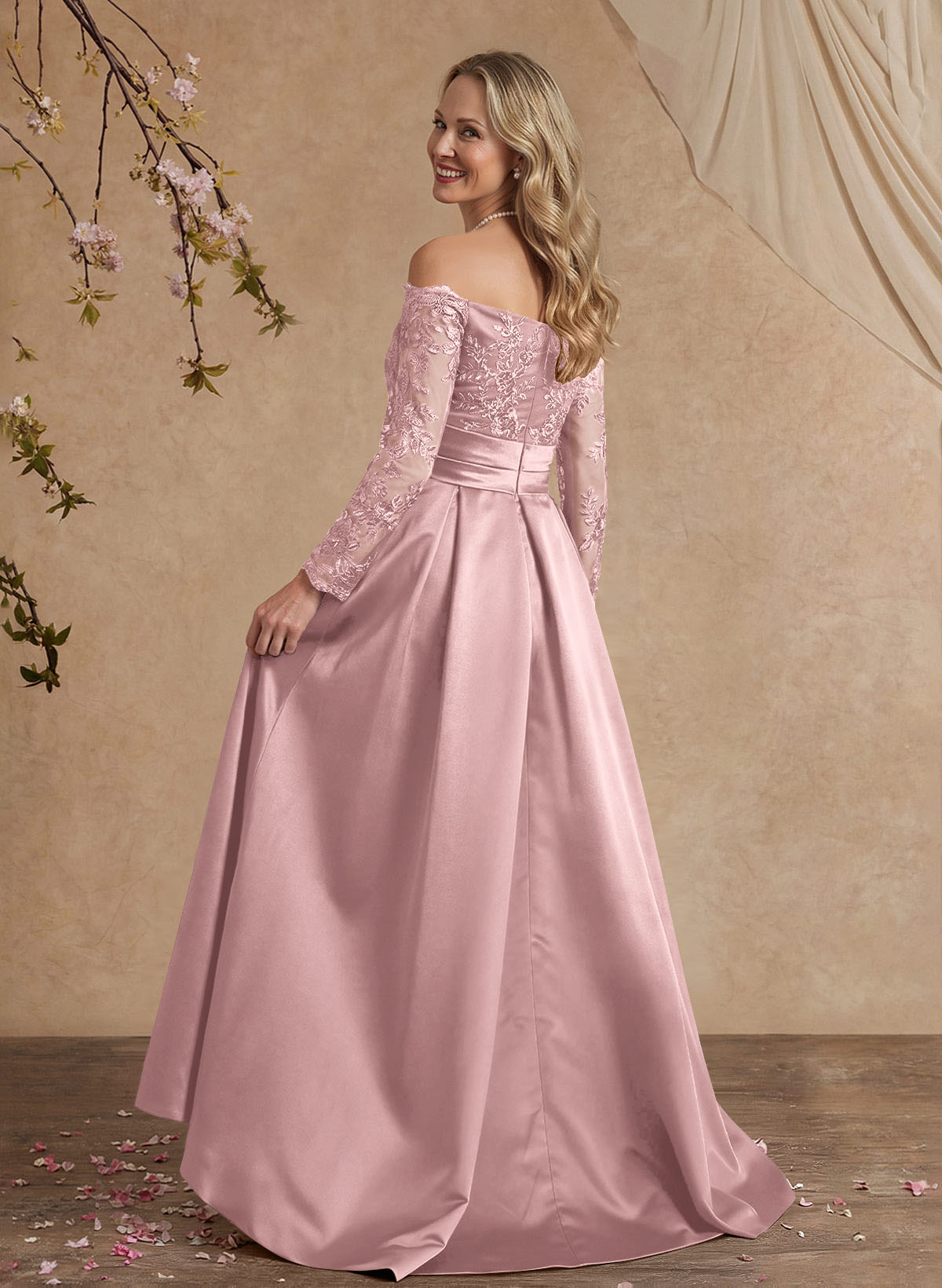 A-Line Off-The-Shoulder 3/4 Sleeves Sweep Train Lace/Satin Mother Of The Bride Dresses