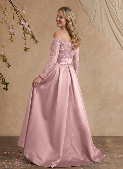 A-Line Off-The-Shoulder 3/4 Sleeves Sweep Train Lace/Satin Mother Of The Bride Dresses