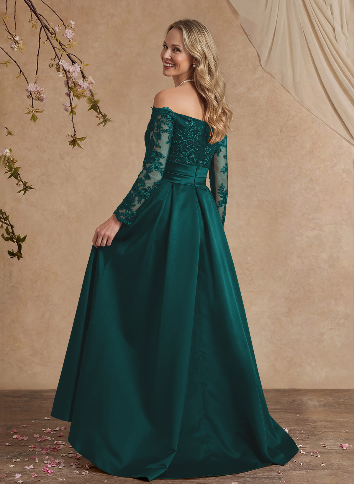 A-Line Off-The-Shoulder 3/4 Sleeves Sweep Train Lace/Satin Mother Of The Bride Dresses