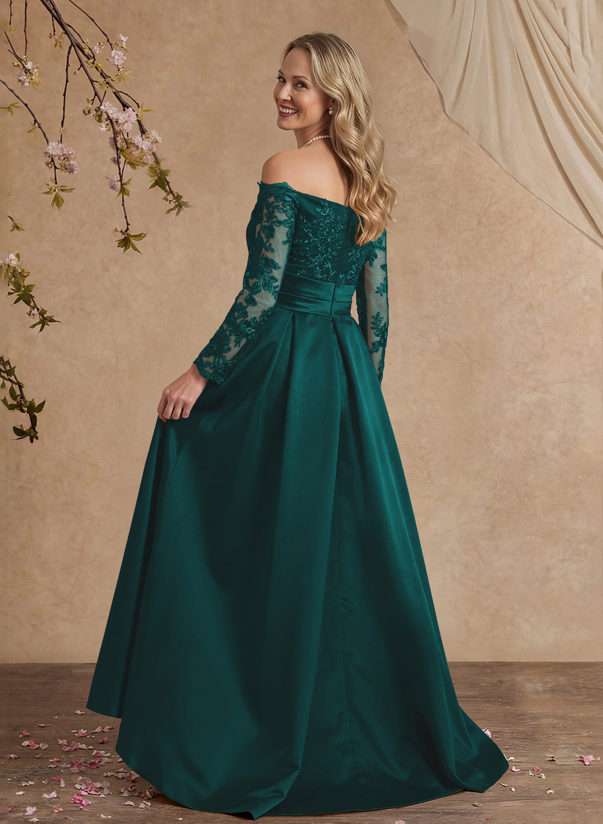 A-Line Off-The-Shoulder 3/4 Sleeves Sweep Train Lace/Satin Mother Of The Bride Dresses