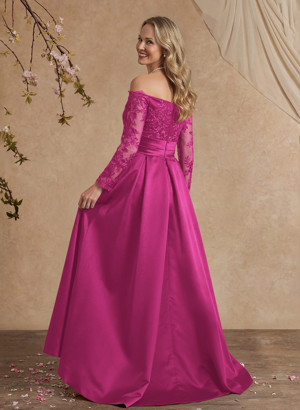 A-Line Off-The-Shoulder 3/4 Sleeves Sweep Train Lace/Satin Mother Of The Bride Dresses