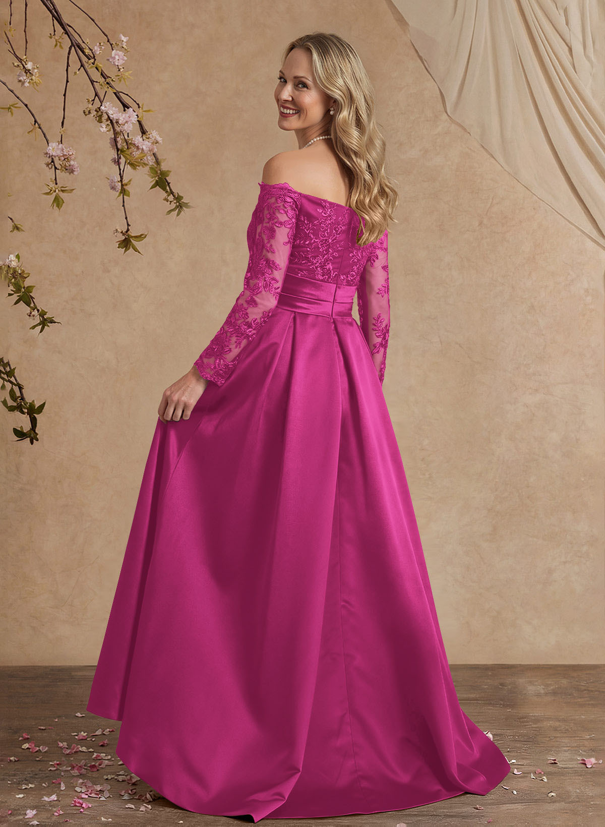 A-Line Off-The-Shoulder 3/4 Sleeves Sweep Train Lace/Satin Mother Of The Bride Dresses