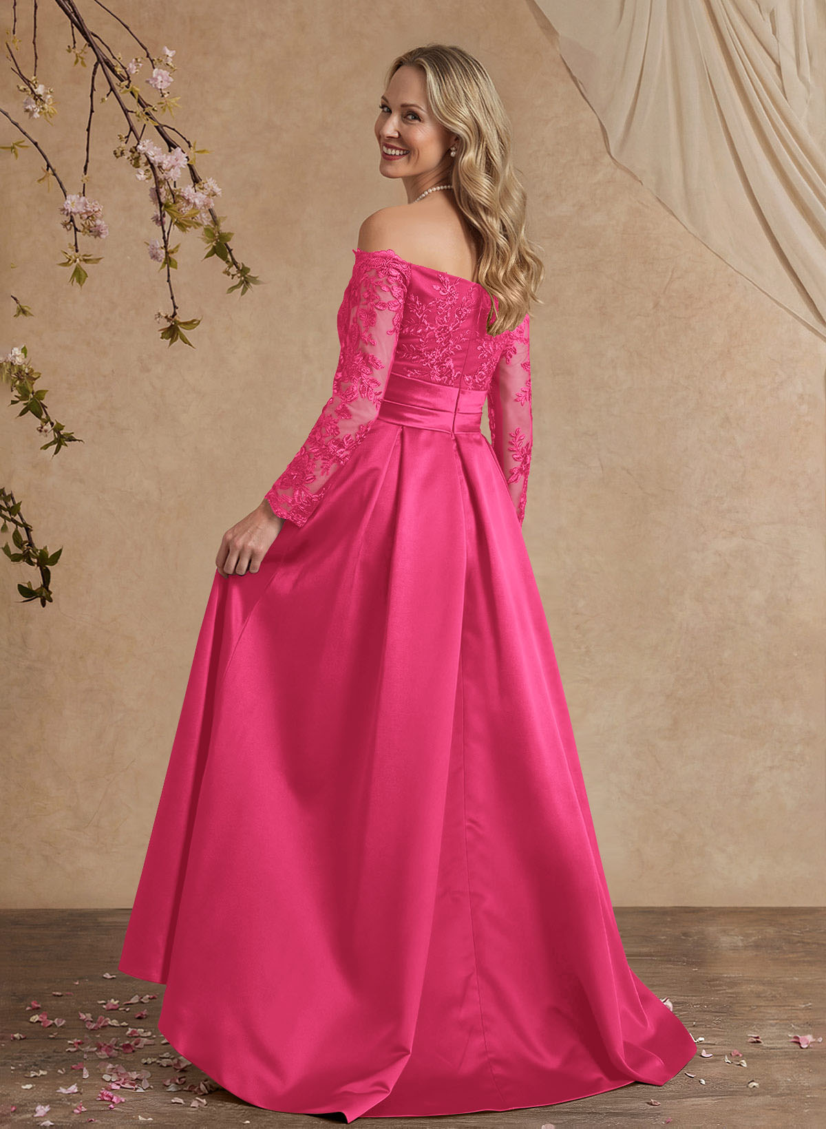 A-Line Off-The-Shoulder 3/4 Sleeves Sweep Train Lace/Satin Mother Of The Bride Dresses