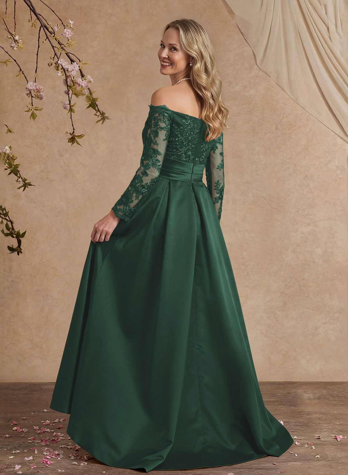 A-Line Off-The-Shoulder 3/4 Sleeves Sweep Train Lace/Satin Mother Of The Bride Dresses