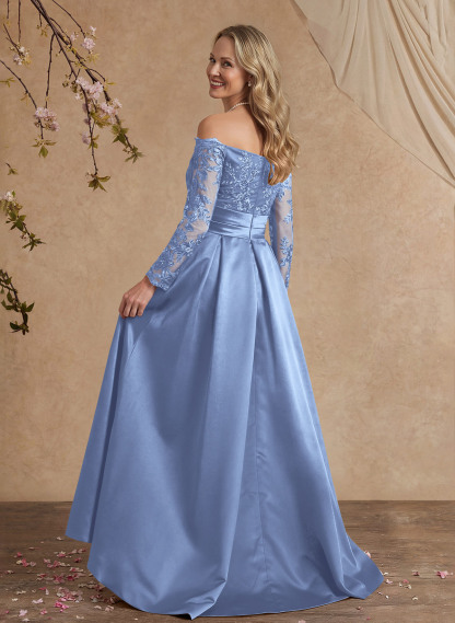 A-Line Off-The-Shoulder 3/4 Sleeves Sweep Train Lace/Satin Mother Of The Bride Dresses