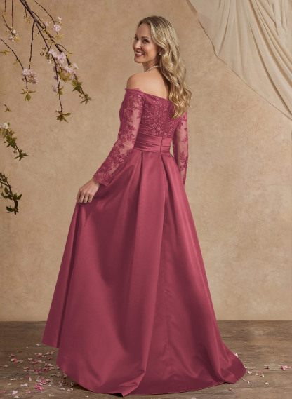 A-Line Off-The-Shoulder 3/4 Sleeves Sweep Train Lace/Satin Mother Of The Bride Dresses