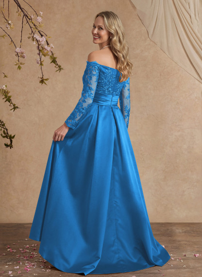 A-Line Off-The-Shoulder 3/4 Sleeves Sweep Train Lace/Satin Mother Of The Bride Dresses