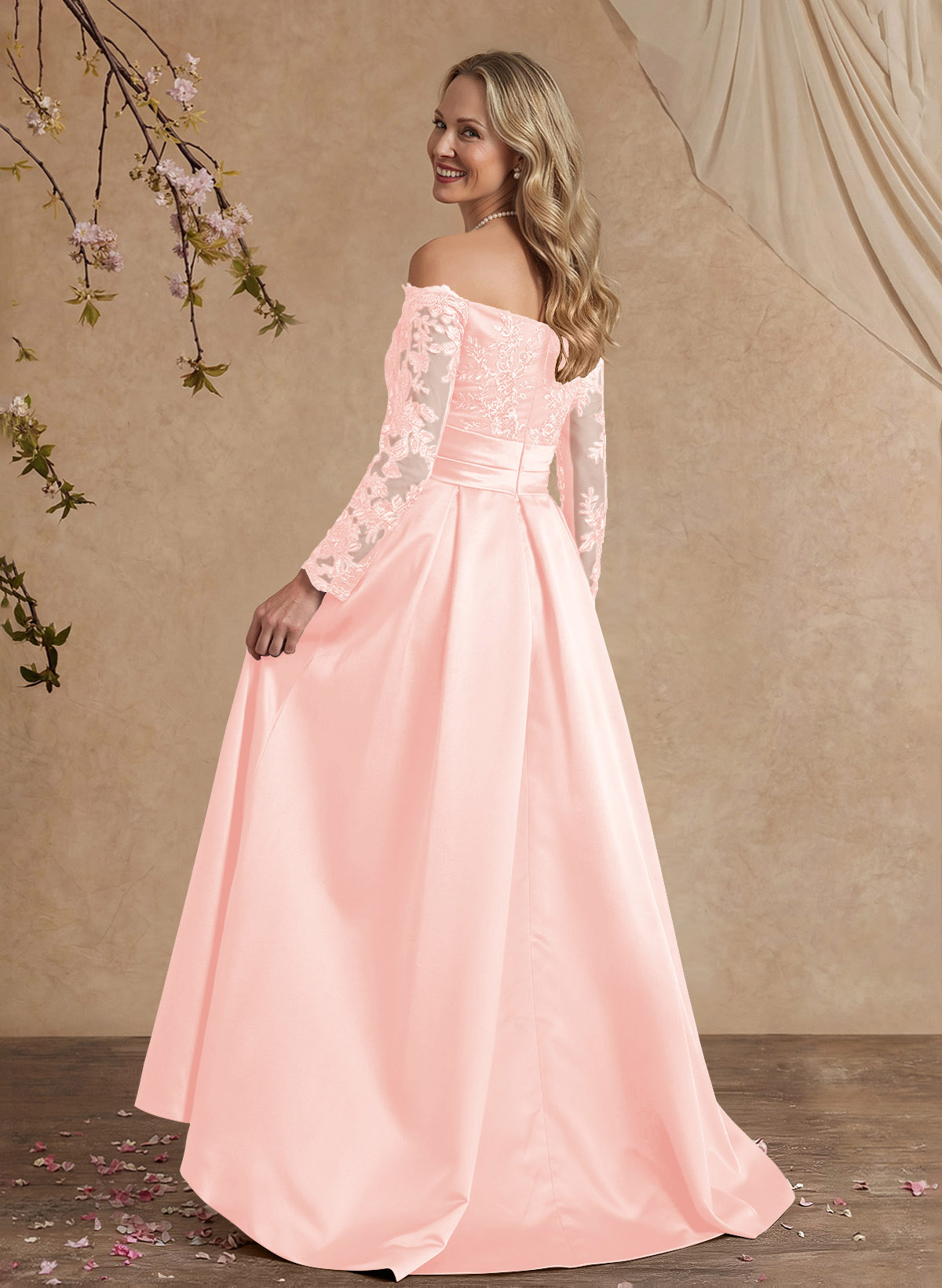 A-Line Off-The-Shoulder 3/4 Sleeves Sweep Train Lace/Satin Mother Of The Bride Dresses