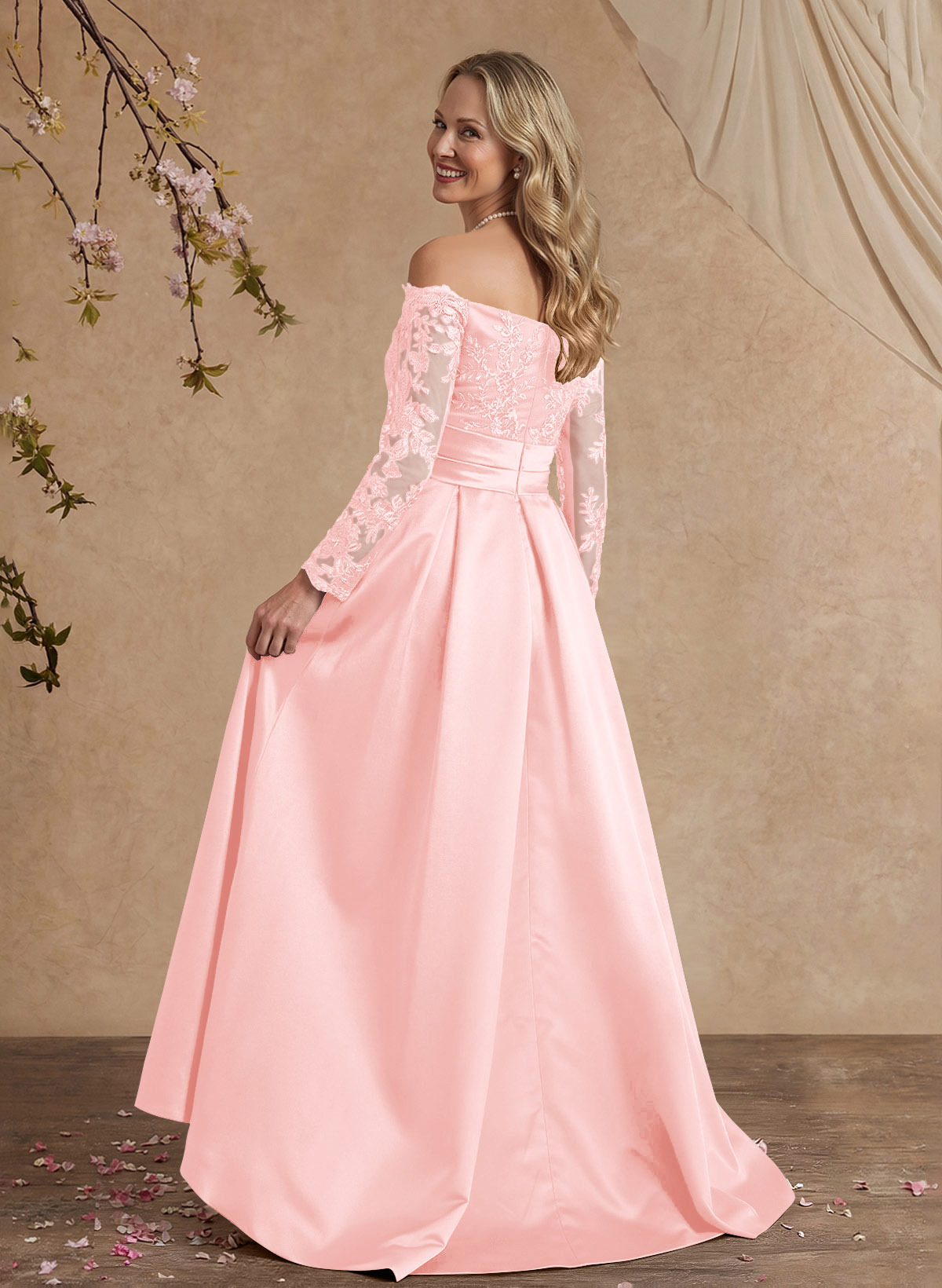 A-Line Off-The-Shoulder 3/4 Sleeves Sweep Train Lace/Satin Mother Of The Bride Dresses