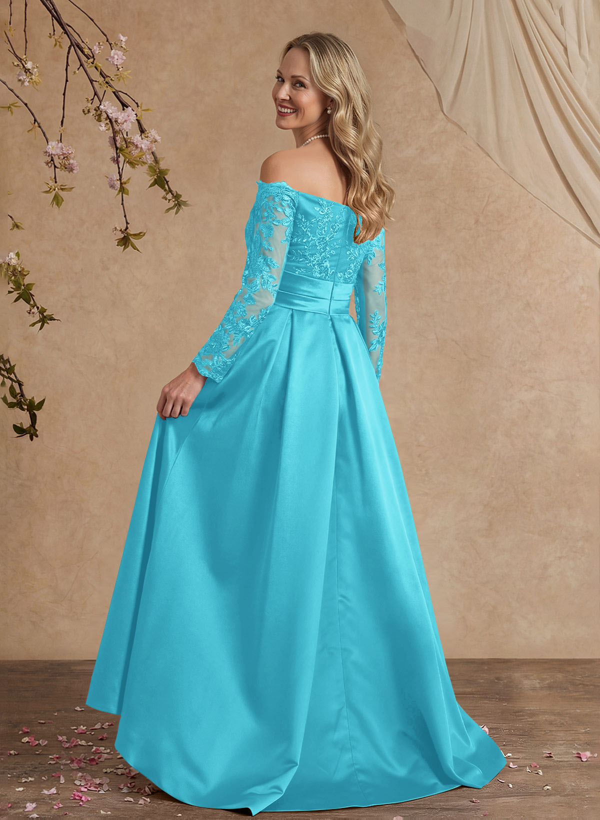 A-Line Off-The-Shoulder 3/4 Sleeves Sweep Train Lace/Satin Mother Of The Bride Dresses