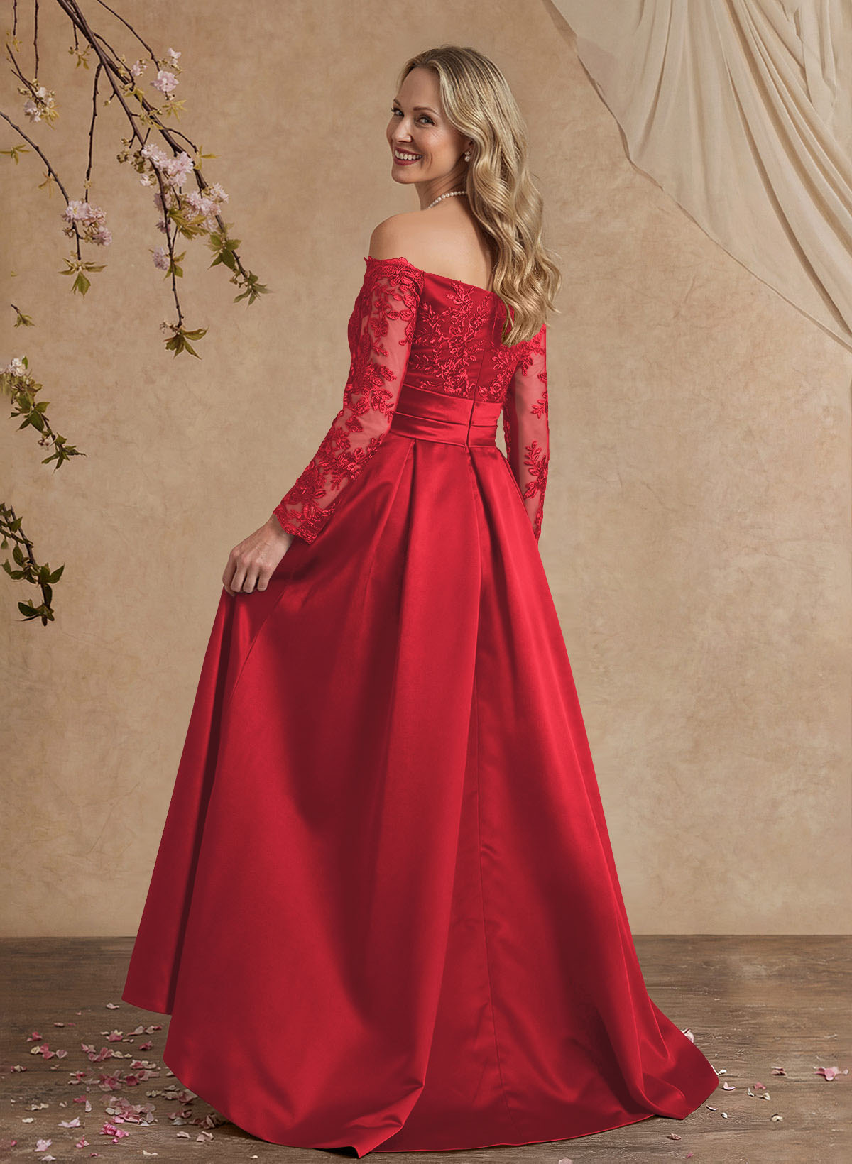 A-Line Off-The-Shoulder 3/4 Sleeves Sweep Train Lace/Satin Mother Of The Bride Dresses