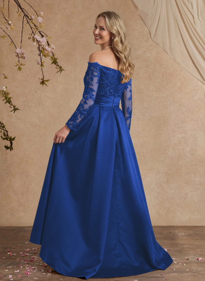 A-Line Off-The-Shoulder 3/4 Sleeves Sweep Train Lace/Satin Mother Of The Bride Dresses