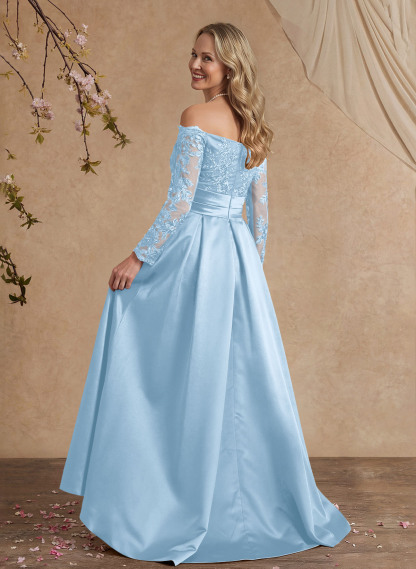 A-Line Off-The-Shoulder 3/4 Sleeves Sweep Train Lace/Satin Mother Of The Bride Dresses