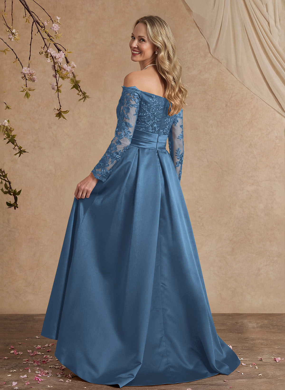 A-Line Off-The-Shoulder 3/4 Sleeves Sweep Train Lace/Satin Mother Of The Bride Dresses
