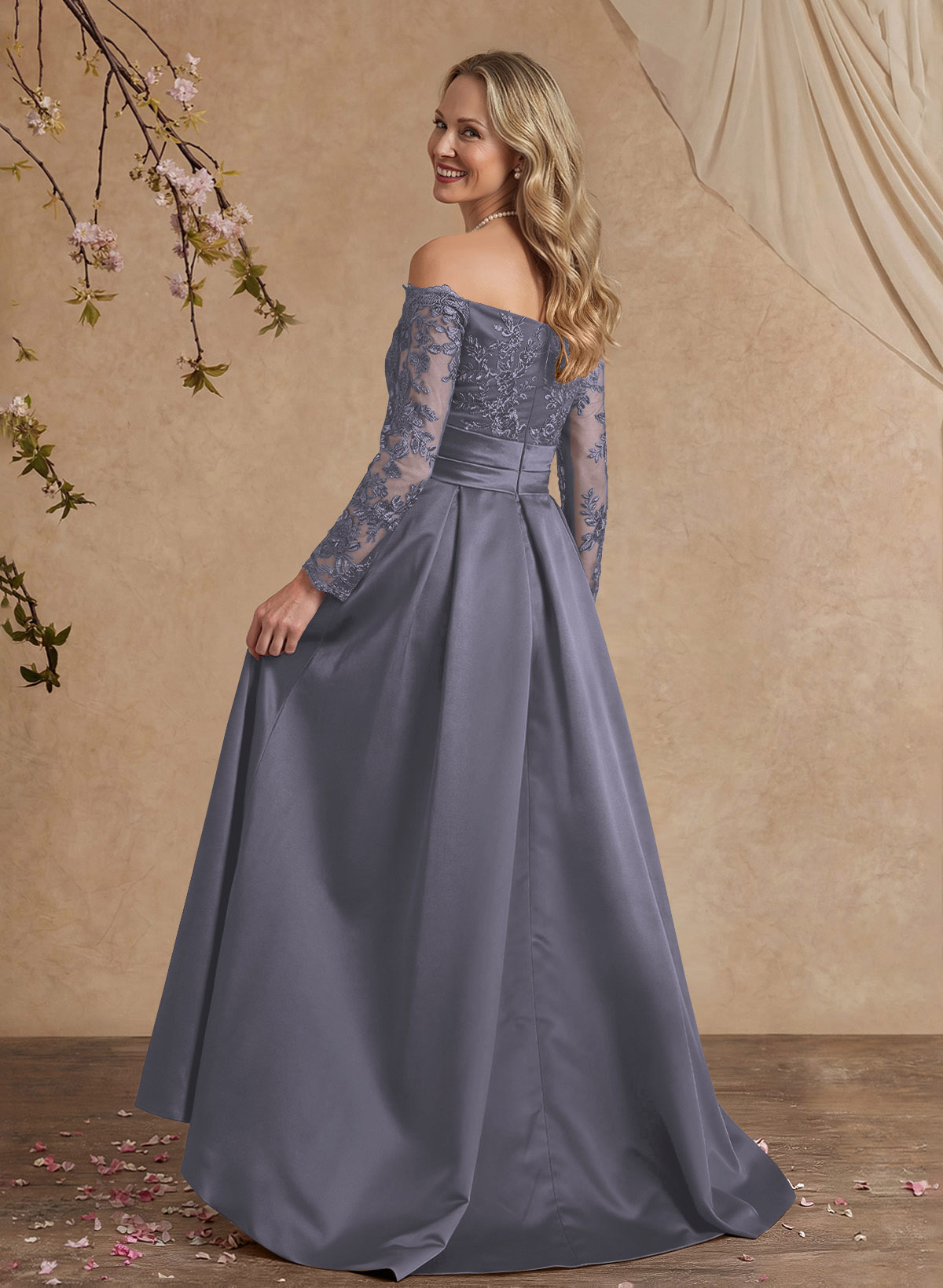 A-Line Off-The-Shoulder 3/4 Sleeves Sweep Train Lace/Satin Mother Of The Bride Dresses