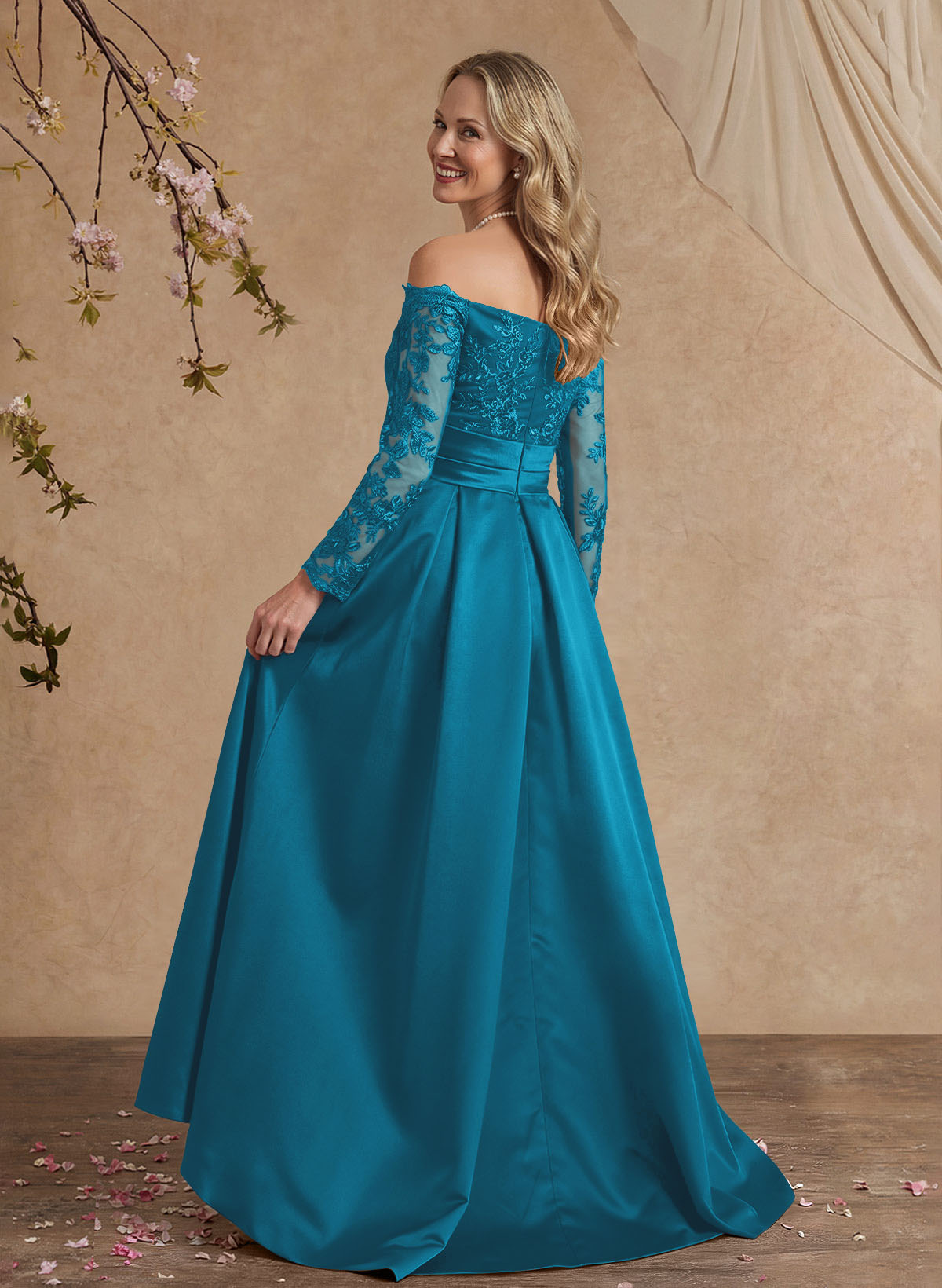 A-Line Off-The-Shoulder 3/4 Sleeves Sweep Train Lace/Satin Mother Of The Bride Dresses