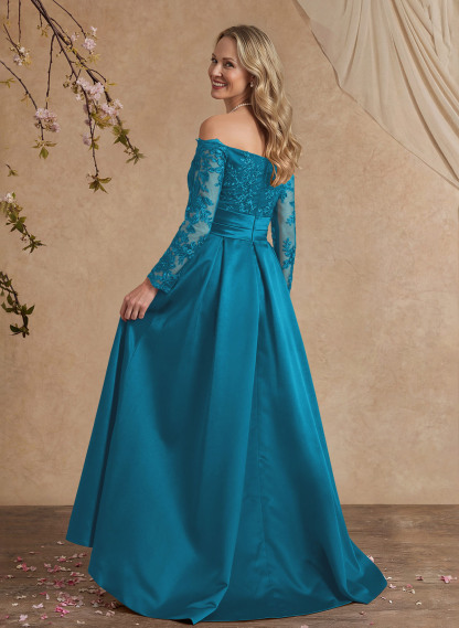 A-Line Off-The-Shoulder 3/4 Sleeves Sweep Train Lace/Satin Mother Of The Bride Dresses