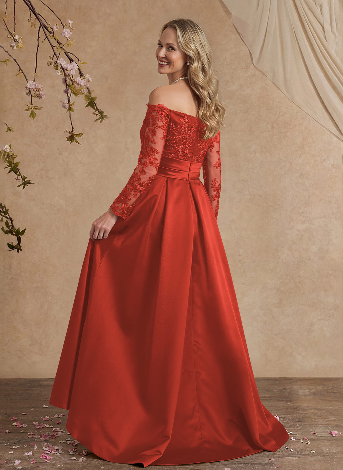 A-Line Off-The-Shoulder 3/4 Sleeves Sweep Train Lace/Satin Mother Of The Bride Dresses