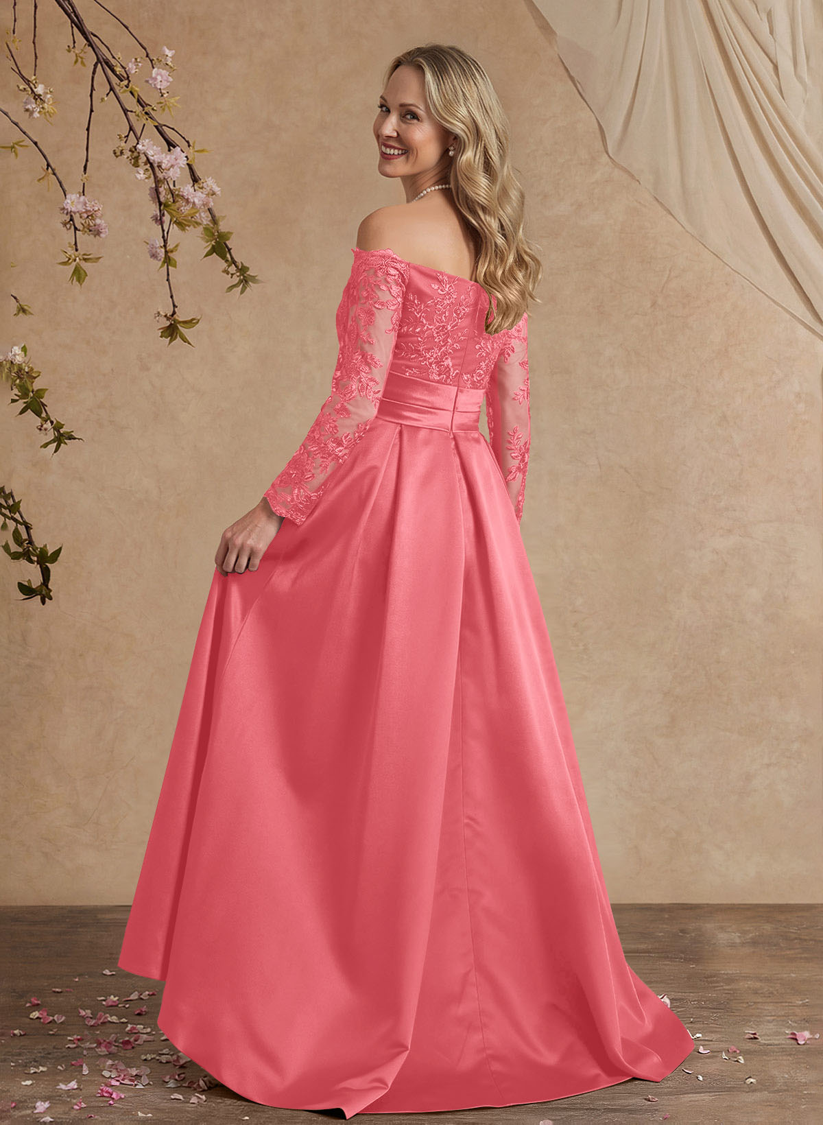 A-Line Off-The-Shoulder 3/4 Sleeves Sweep Train Lace/Satin Mother Of The Bride Dresses
