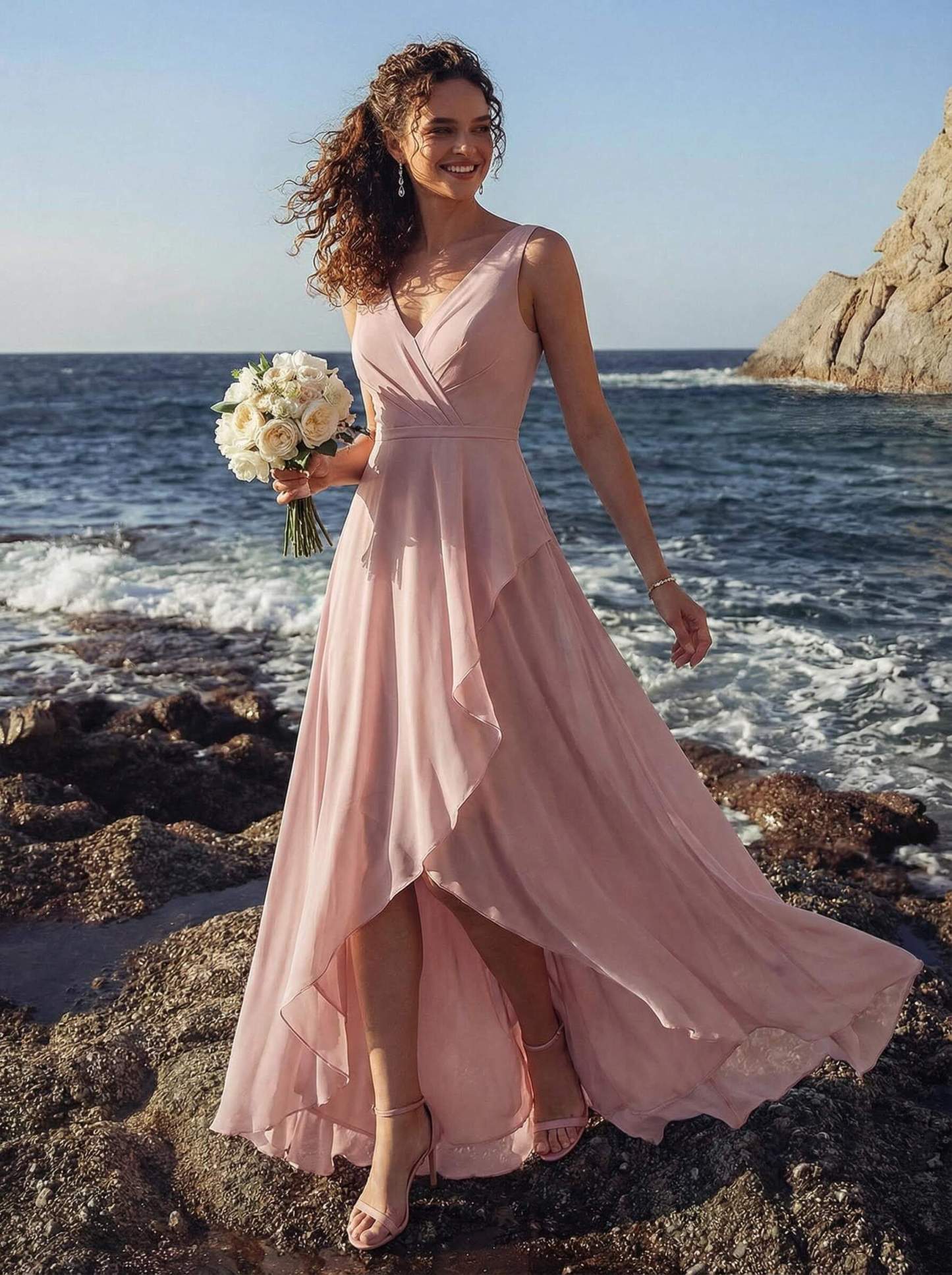 A-Line V-Neck Sleeveless Regular Straps Chiffon Asymmetrical Bridesmaid Dresses With Ruffle in Dusty Rose, US2