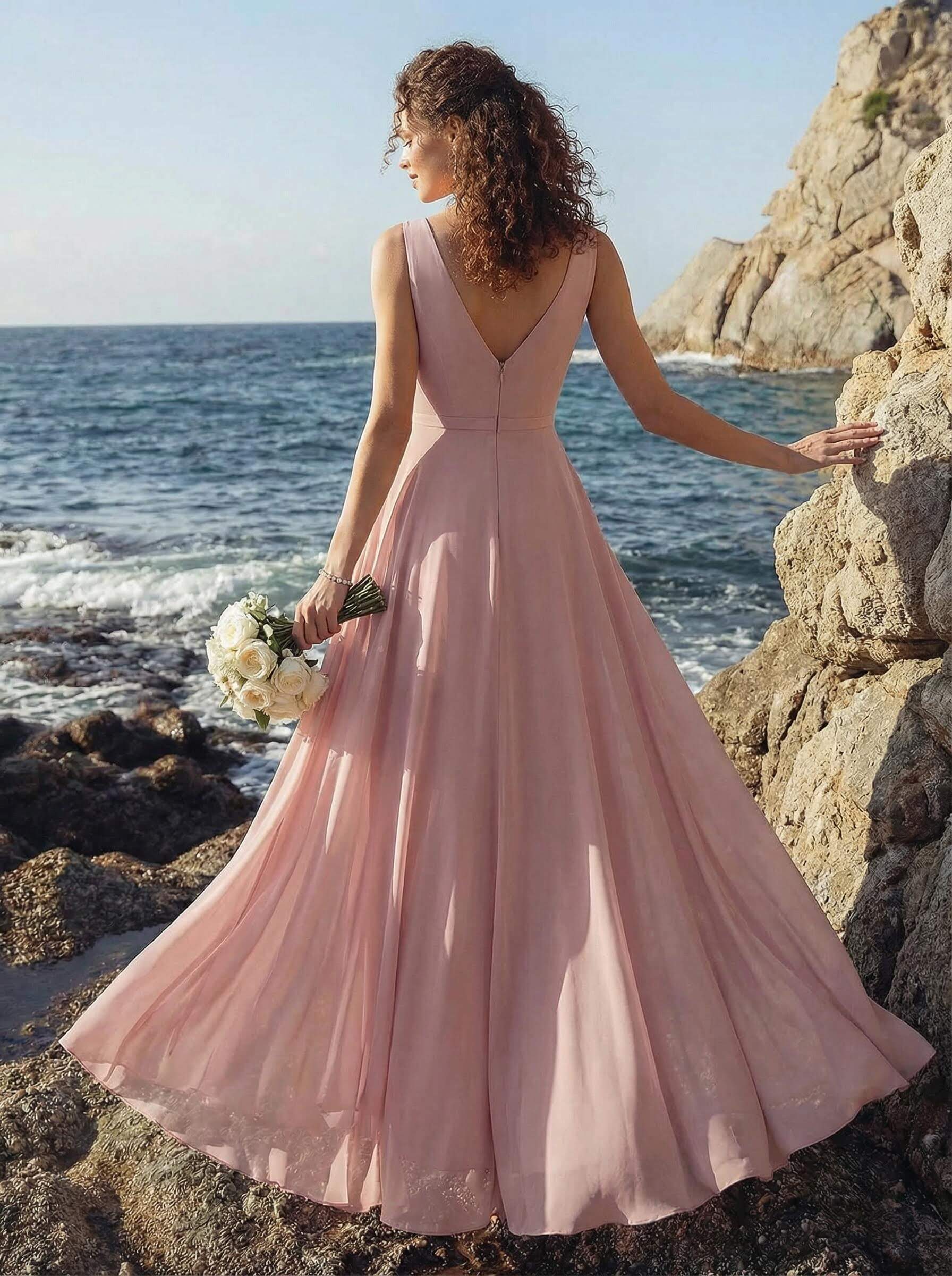 A-Line V-Neck Sleeveless Regular Straps Chiffon Asymmetrical Bridesmaid Dresses With Ruffle, product image 2