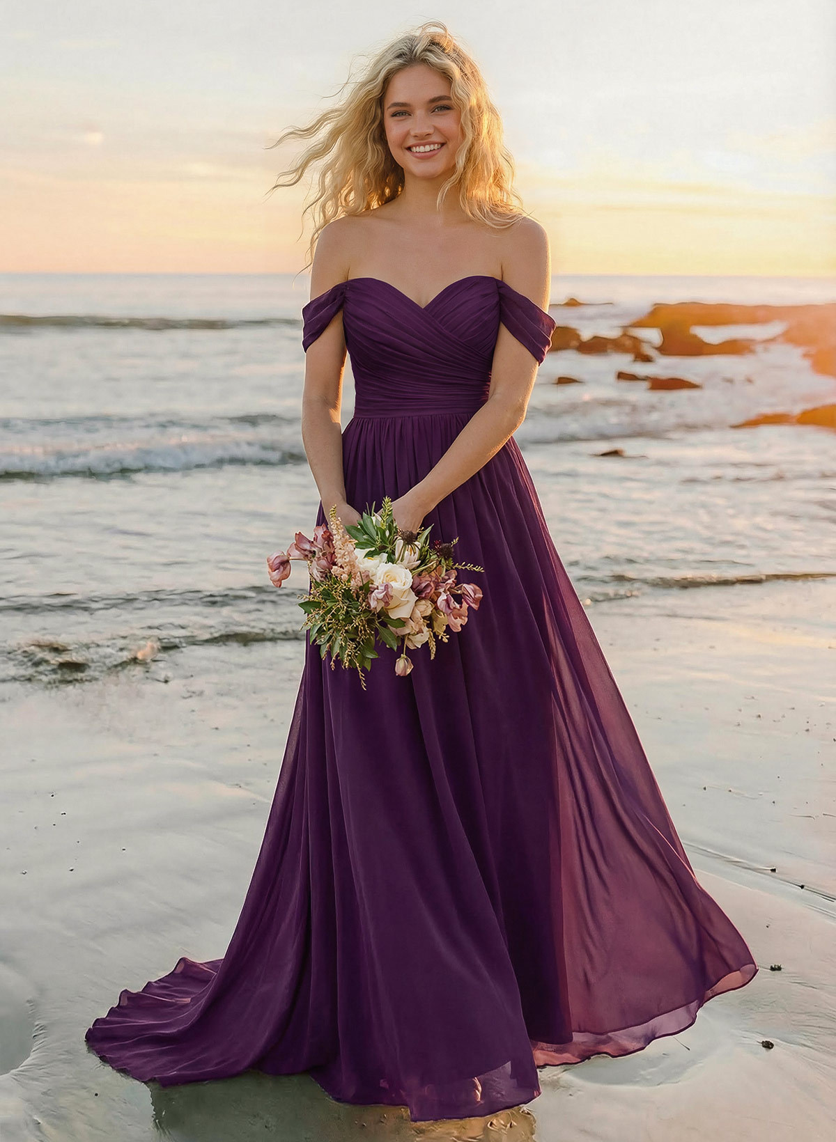 A-Line Off-The-Shoulder Sleeveless Sweep Train Chiffon Bridesmaid Dresses