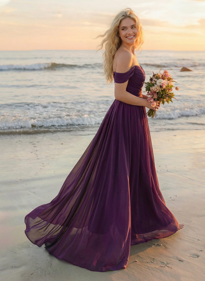A-Line Off-The-Shoulder Sleeveless Sweep Train Chiffon Bridesmaid Dresses