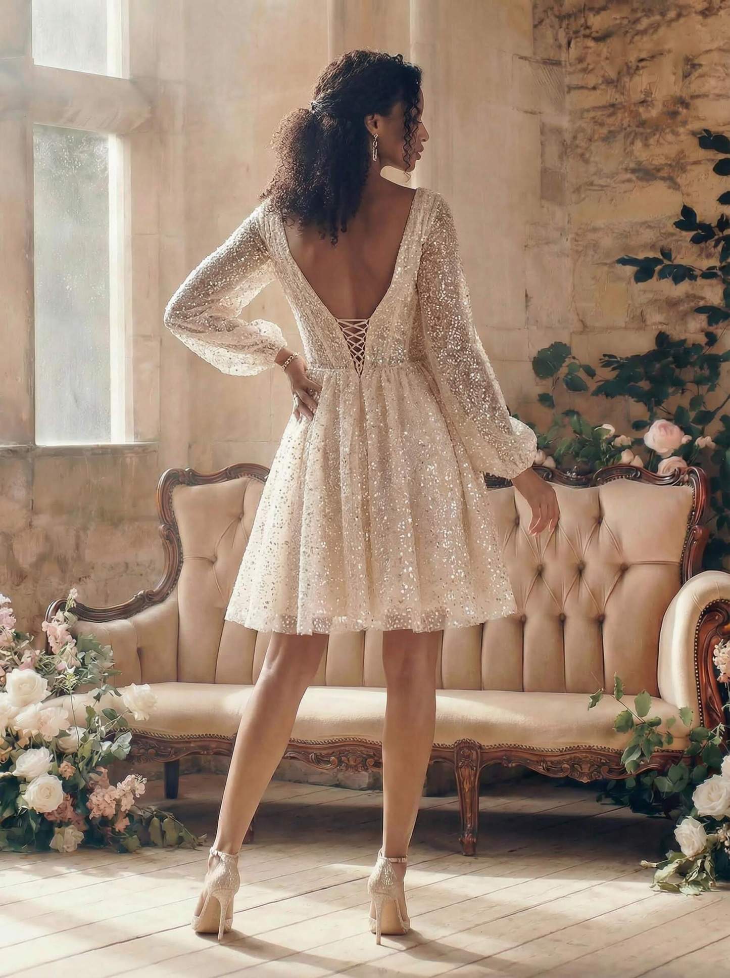 Long Sleeves V-Neck Sparkly Knee-Length Wedding Dresses, image 2