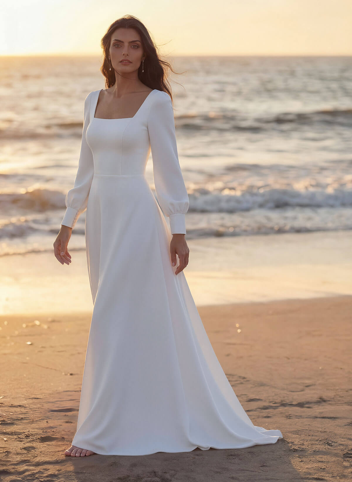 A-Line Square Neckline Long Sleeves Sweep Train Silk Like Satin Wedding Dresses, image 1