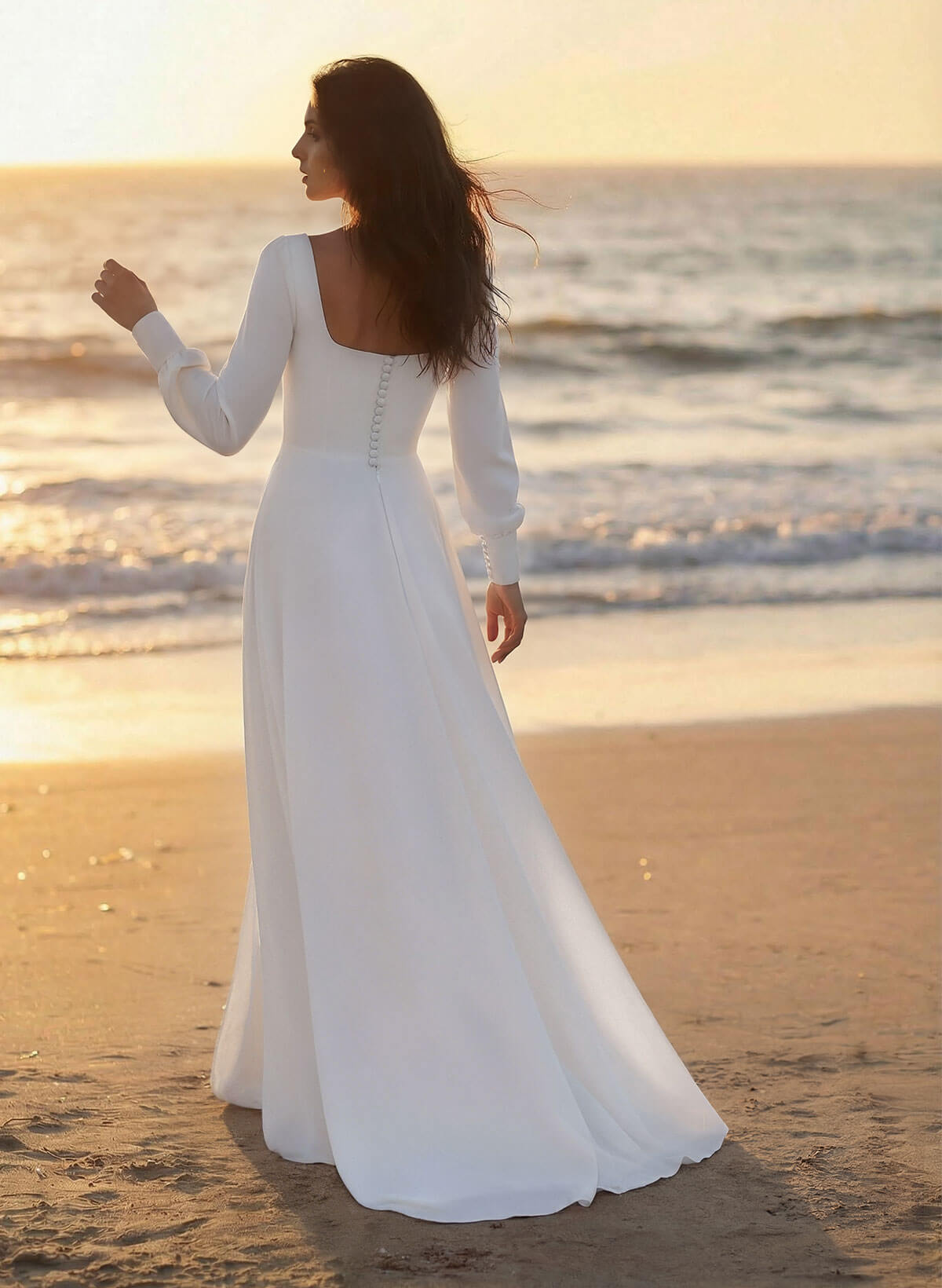 A-Line Square Neckline Long Sleeves Sweep Train Silk Like Satin Wedding Dresses, image 2