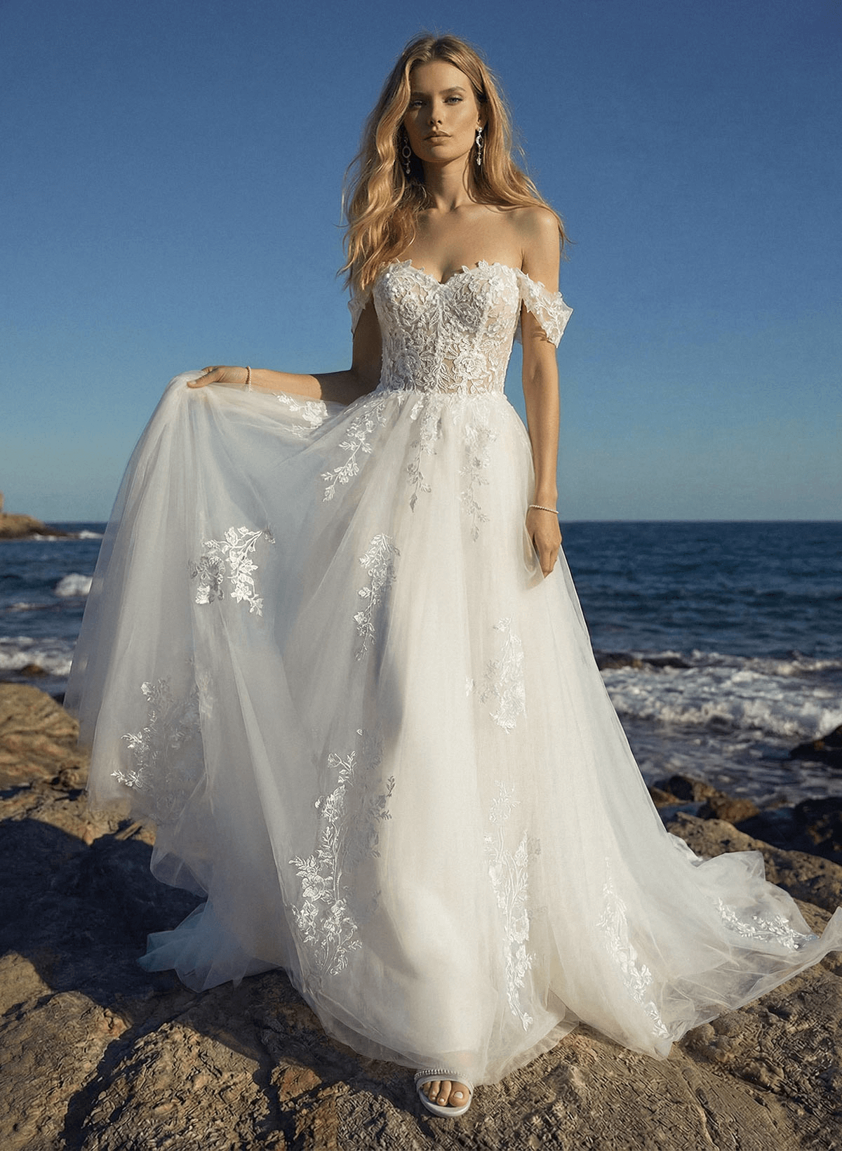 Plus Size A-Line Off-The-Shoulder Sweep Train Tulle Wedding Dresses With Lace, product image 1