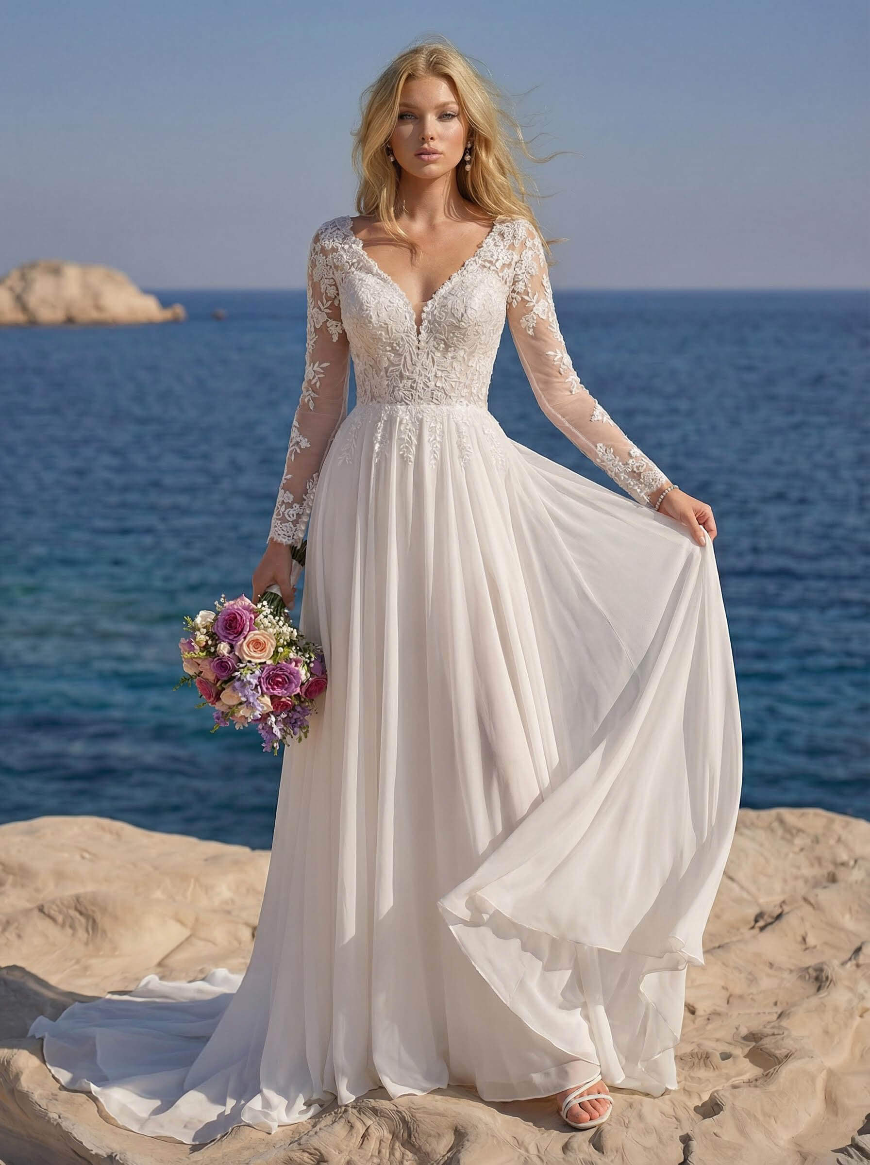 A-Line V-Neck Long Sleeves Chiffon Court Train Wedding Dresses With Lace, image 1