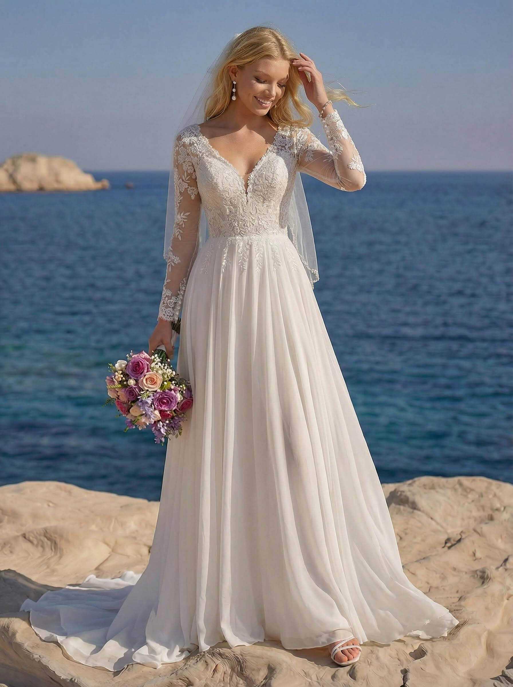 A-Line V-Neck Long Sleeves Chiffon Court Train Wedding Dresses With Lace, image 2