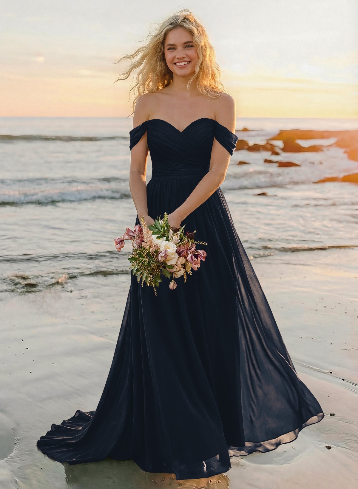 A-Line Off-The-Shoulder Sleeveless Sweep Train Chiffon Bridesmaid Dresses