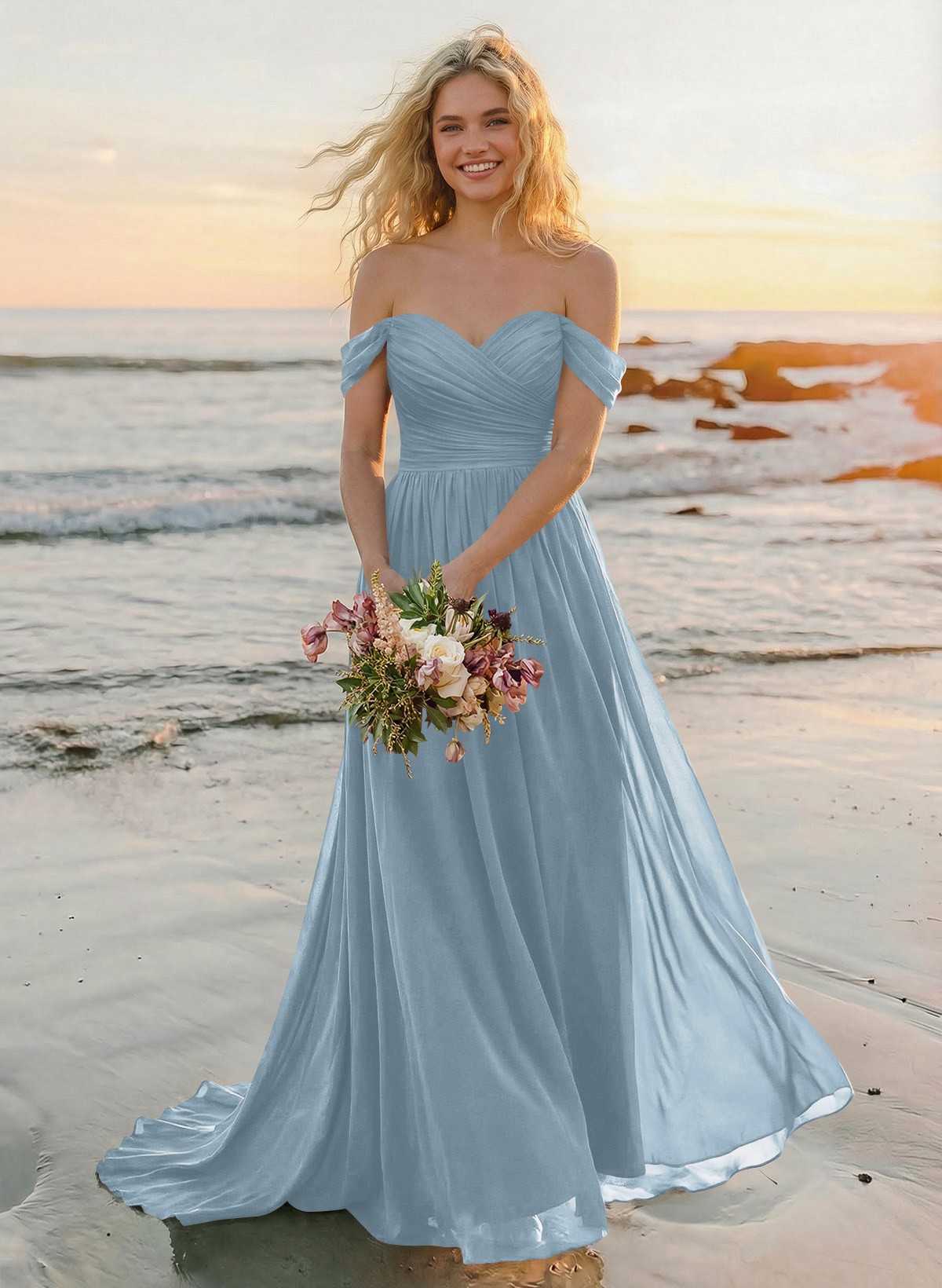 A-Line Off-The-Shoulder Sleeveless Sweep Train Chiffon Bridesmaid Dresses