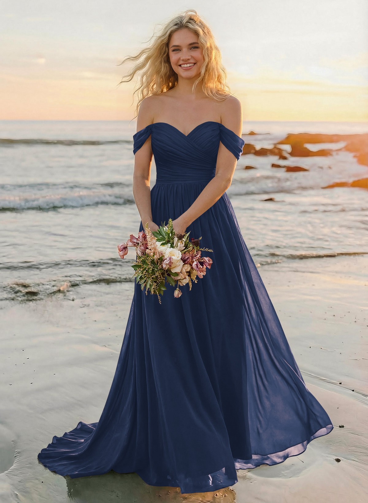 A-Line Off-The-Shoulder Sleeveless Sweep Train Chiffon Bridesmaid Dresses